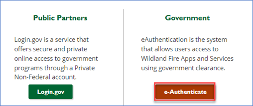 showing the two different EGP log on buttons. The public partners login.gov button, and the government e-authenticate button.