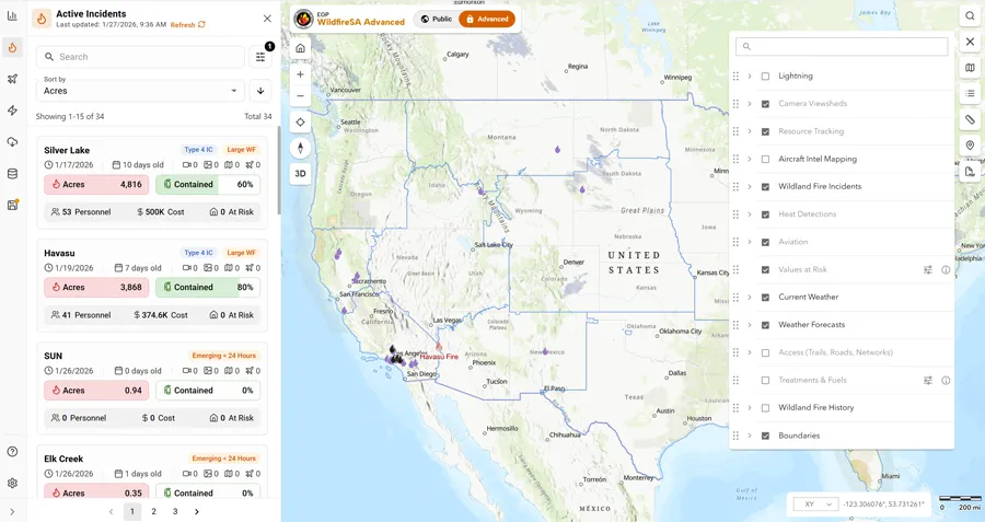 screenshot of the WildFireSA Advanced application